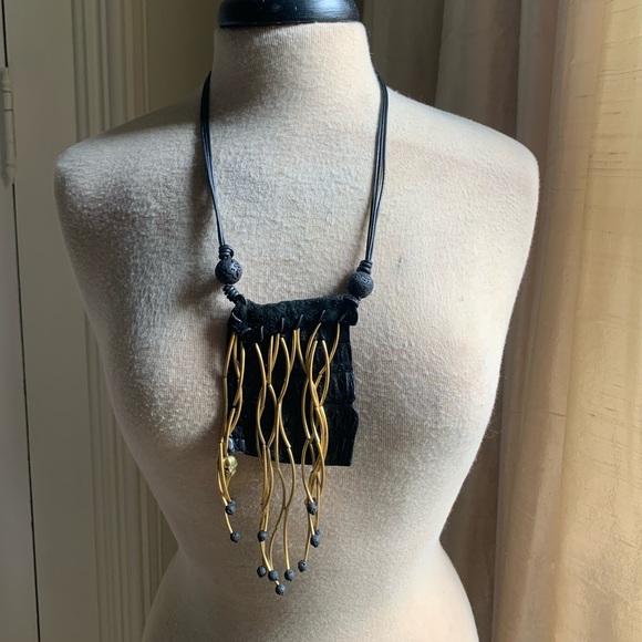 Sweet Olive Boho Black Crocodile & Brass Fringe Adjustable Necklace - Picture 3 of 4